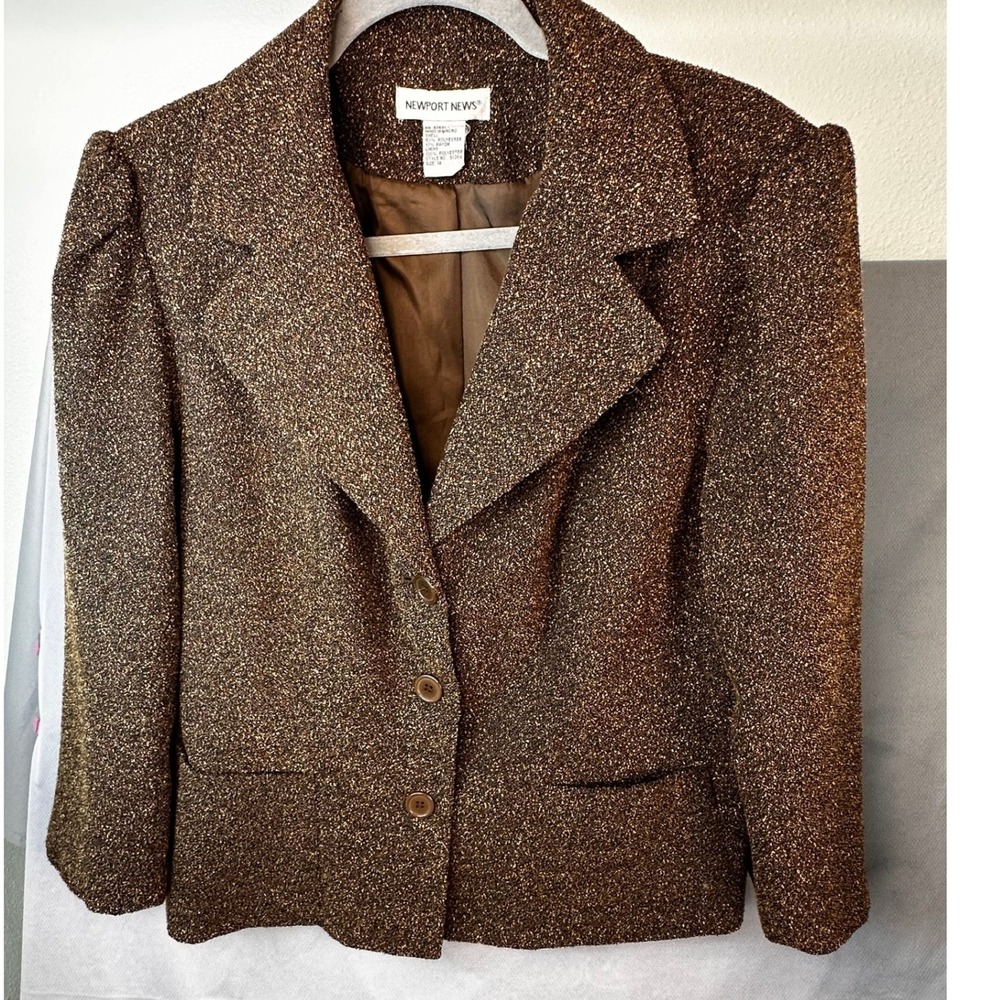 Newport News Met Bronze Gold Shimmer Tweed Blazer Jacket 14 Puff Sleeve Evening